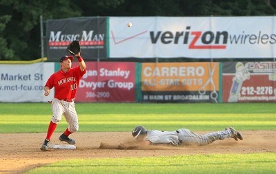 Chris Suseck (Coastal Carolina) steals second by sliding under Josh Gardiner's (Radford) tag in the second inning